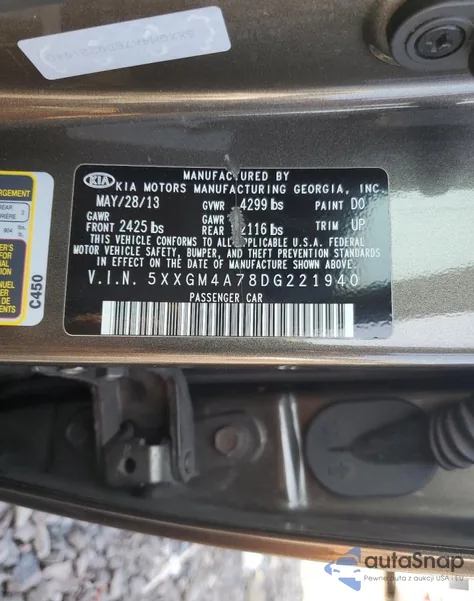 2013 Kia Optima Lx z USA, uszkodzony, nr VIN 5XXGM4A78DG221940